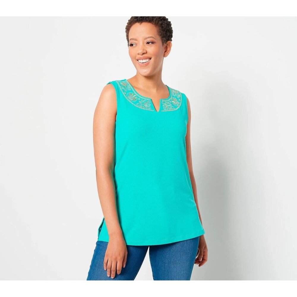 NWOT Susan Graver Passport Liquid Knit Sleeveless Embroidered Top Sz XS Aqua